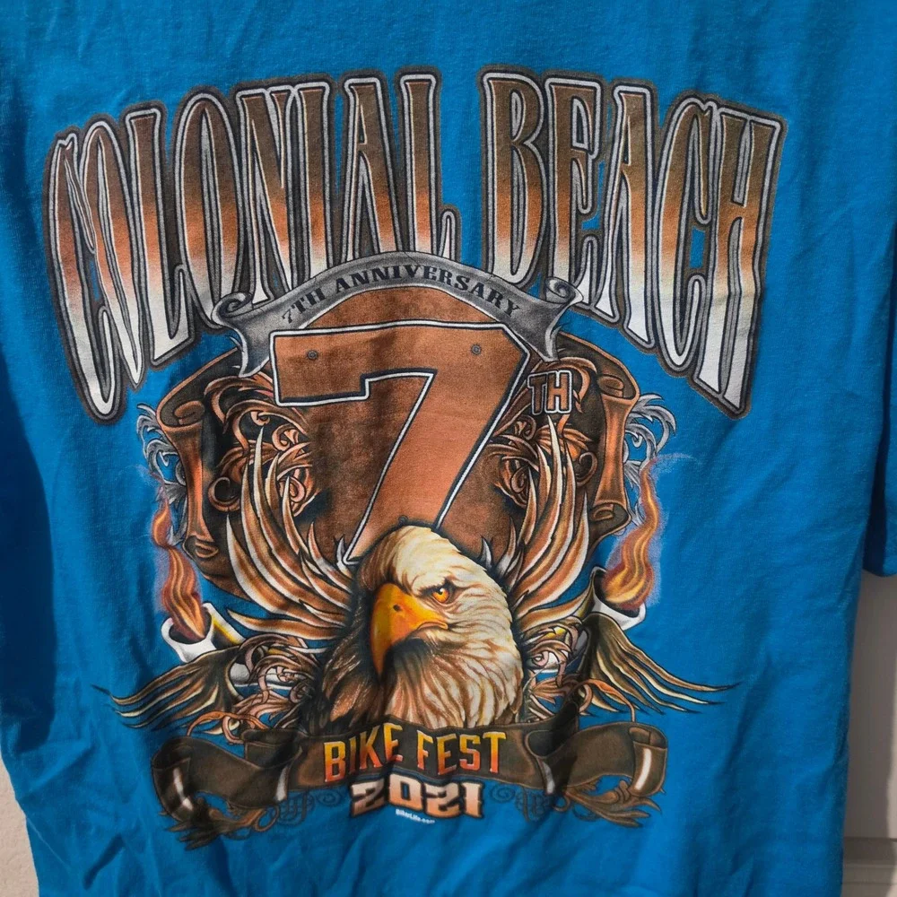 Gildan Mens Colonial Beach Bike Fest 2021 T-Shirt Blue Eagle Graphic Large